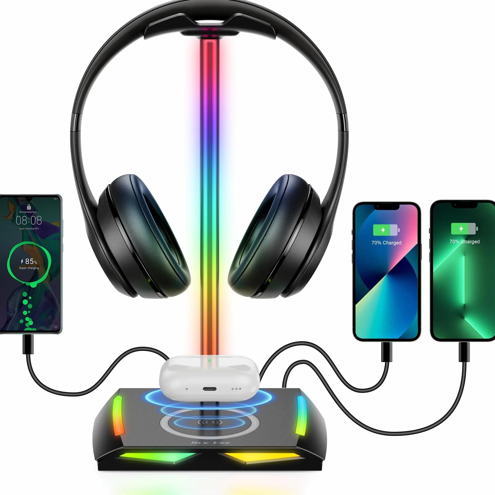 New Bee Support Casque et Chargeur sans Fil, Porte Casque RGB Support Casque Gamer Wireless Charge avec 2*Type-C 1*USB Casque Stand Transmission de Données Casque Support Casque de Gaming PC Noir