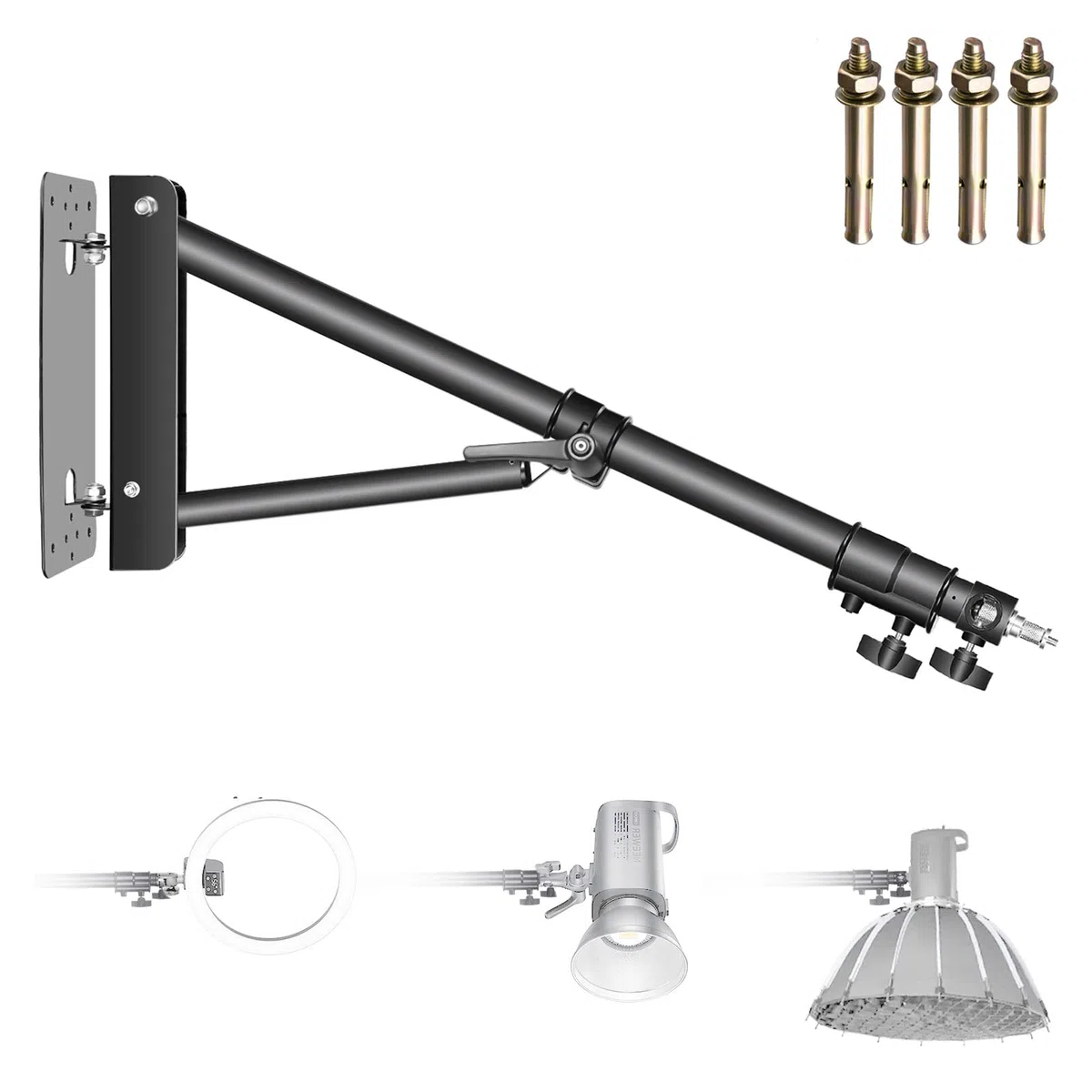Neewer Support Mural Bras de Fixation Triangle pour Photographie en Studio Lampe Strobe Monolight Softboxes Parapluies Réflecteurs, Rotation Flexible 180 degrés, Longueur Maxi de 130 cm (Noir)