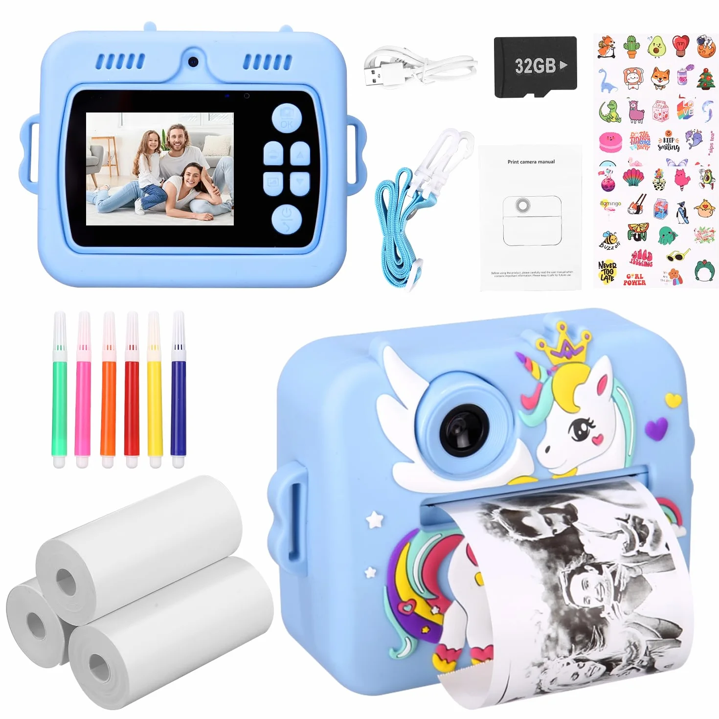 Appareil Photo Instantané Enfants, 2,4" Écran 1080P HD Vidéo Selfie Caméra Enfant, 48MP, 32GB Carte & Papier d'impression, Appareil Photo Numérique pour 3-14 Ans Filles Garçons de Noël Anniversaire