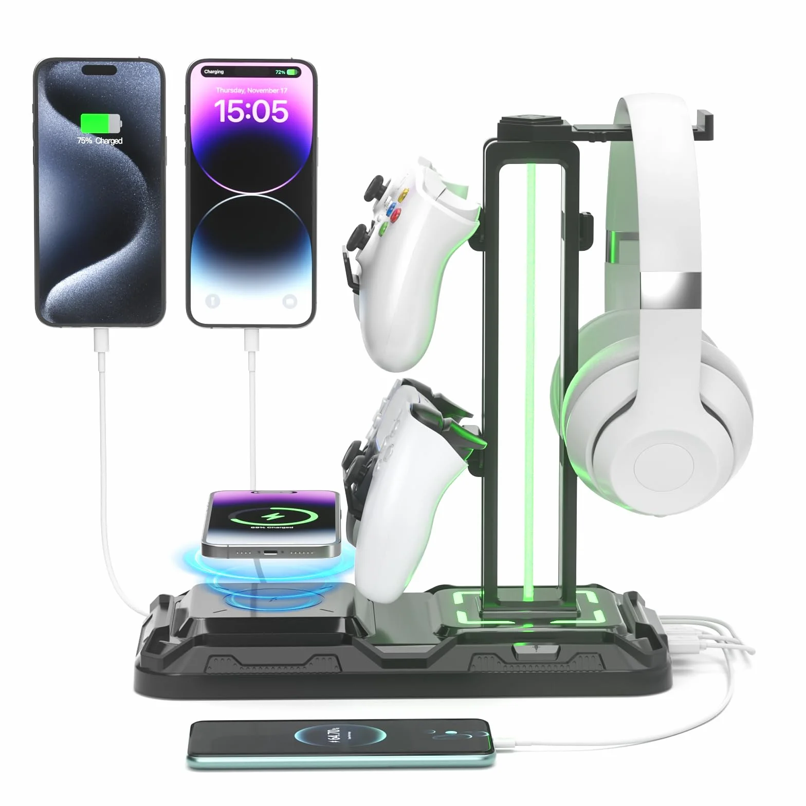 KDD Support Casque Gamer avec Chargement sans Fil - Support Casque et Manette Rotatif avec 9 Modes d'éclairage - Porte Casque avec 2 Ports USB et Type C - Accessoires Gaming pour Menette PS5 Noir