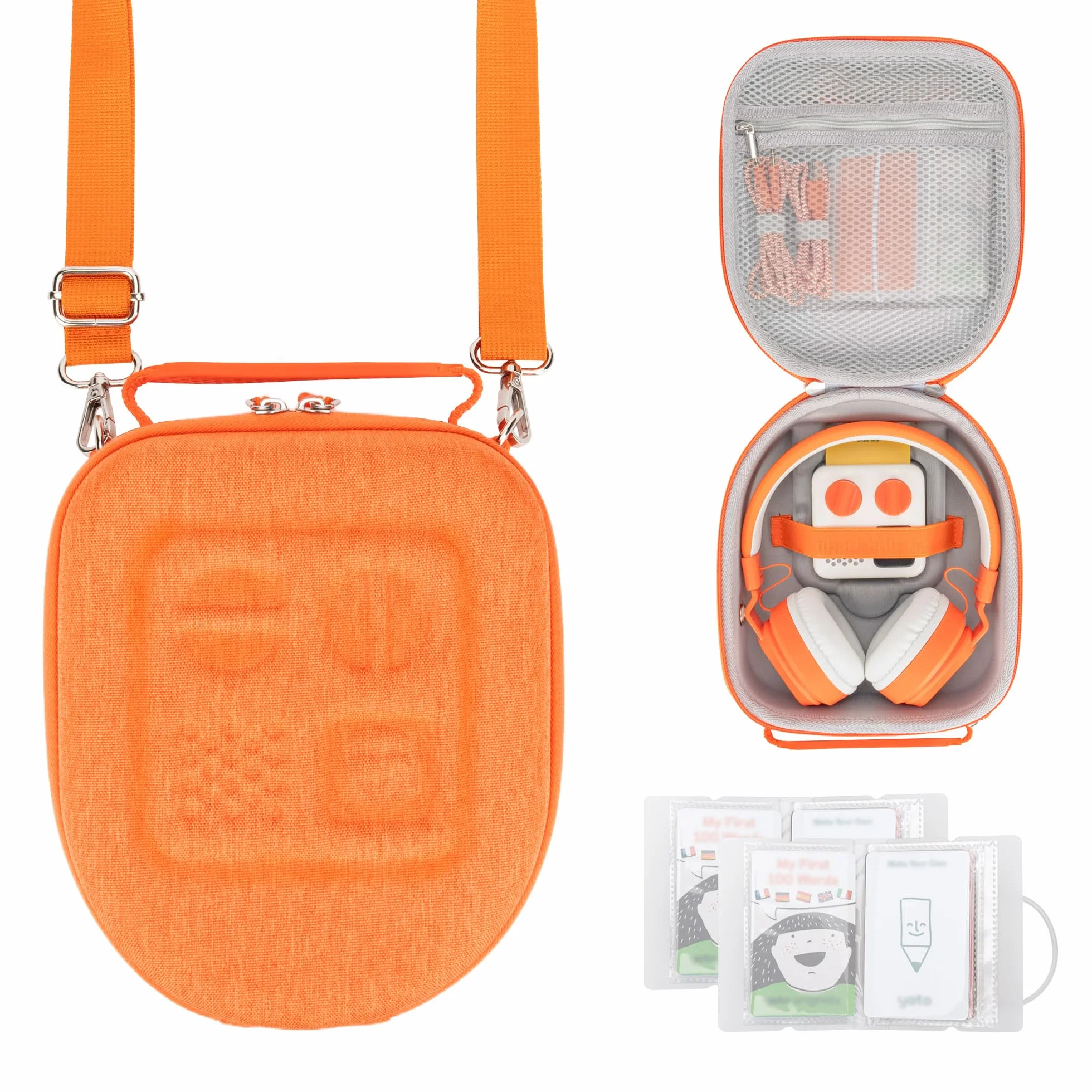 PROfezzion Étui de Voyage Sacoche Sac Enfants Case pour Yoto Mini et Casque - Sac de Rangement Coque Dure en EVA Premium avec Poche Dédiée Air Tag, Poignée, Bandoulière et Porte-Cartes (Orange/Grande)