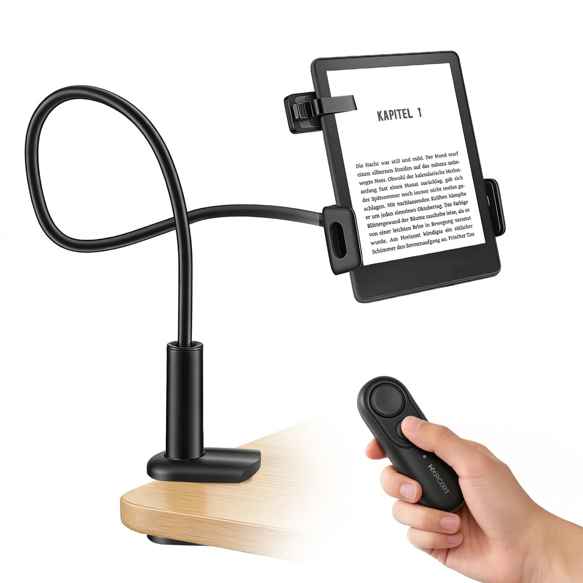Support col de cygne pour Kindle avec télécommande RF, socle à 360° dans le lit et le canapé, avec Page Turner, accessoires pour liseuse Kindle de 4,7 à 10,35"