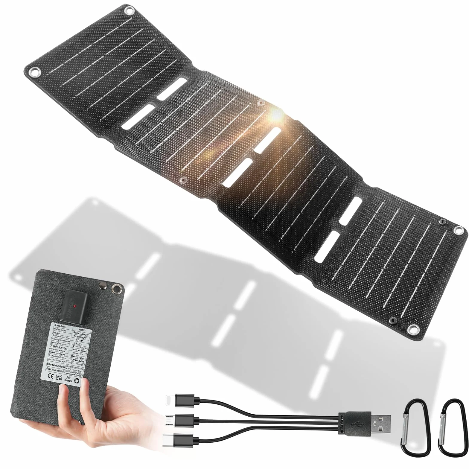 HOTUT Panneau Solaire Pliable, 10W Chargeur Solaire Portable, Port USB (6,6 V/2 A), Format de Poche et étanche Chargeur pour l'extérieur, Compatible avec Les Téléphones, Tablettes, Batterie Externe
