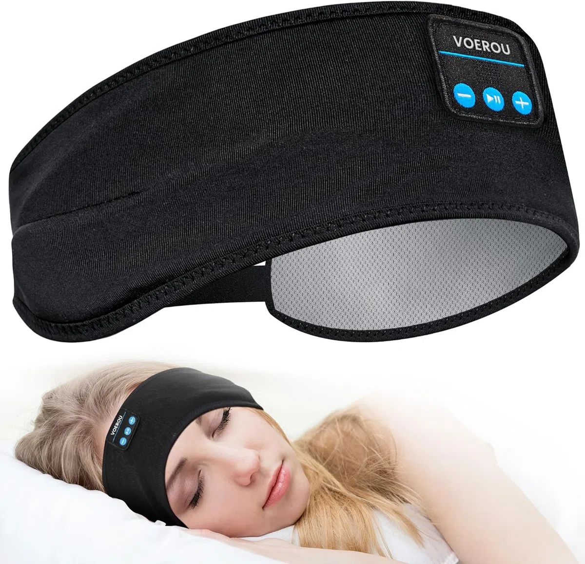 Voerou Bandeau Bluetooth réglable, Casque de Sommeil avec Haut-parleurs HD, Parfait pour Dormir, Sport, Tennis, Yoga, Voyage (Noir, réglable)