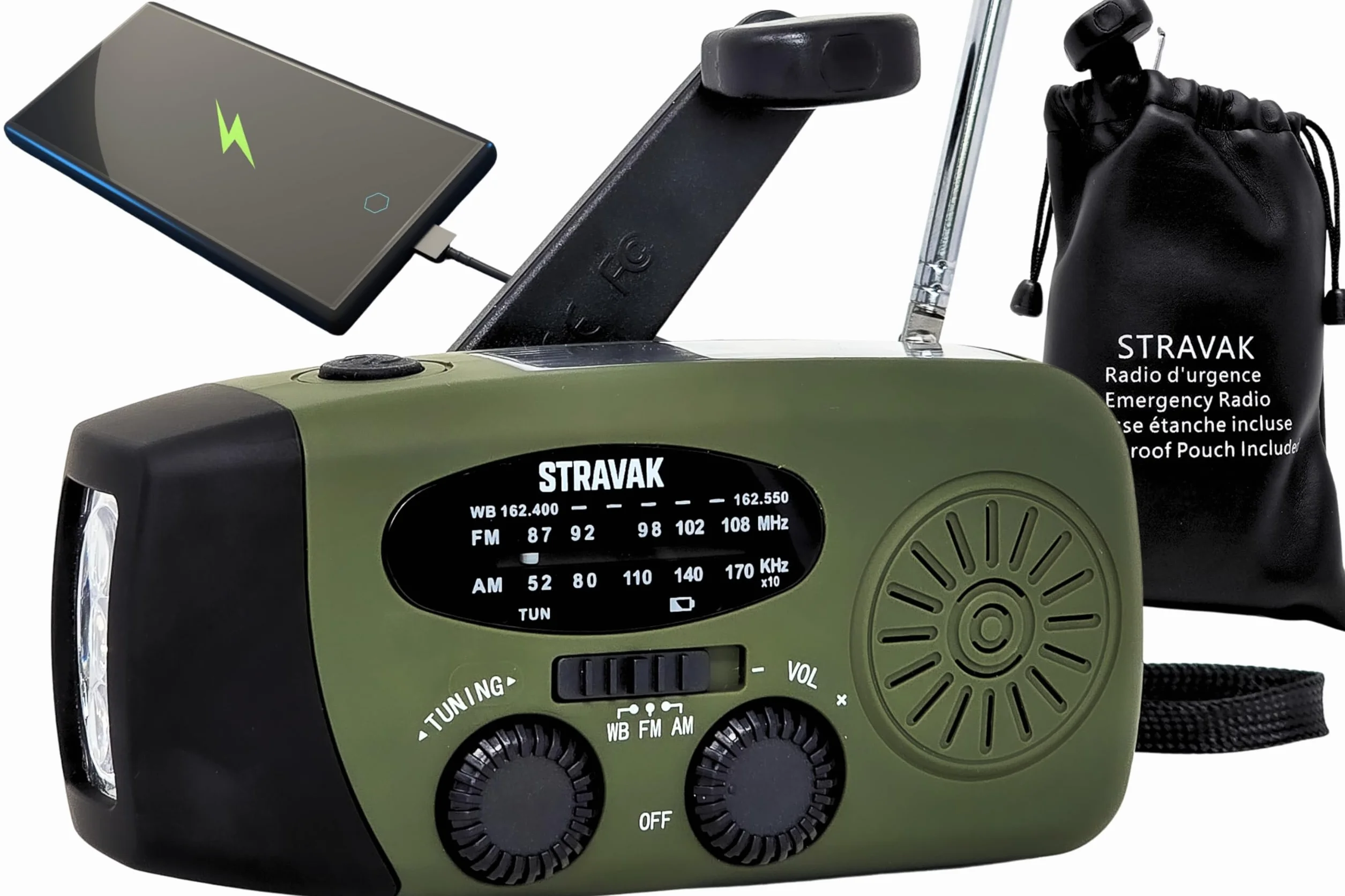 Radio d’Urgence et de Survie Solaire à Dynamo, Lampe Torche LED Puissante, Batterie 2000 mAh USB-C, Alarme de Détresse, Chargeur de Téléphone, Pochette Étanche.