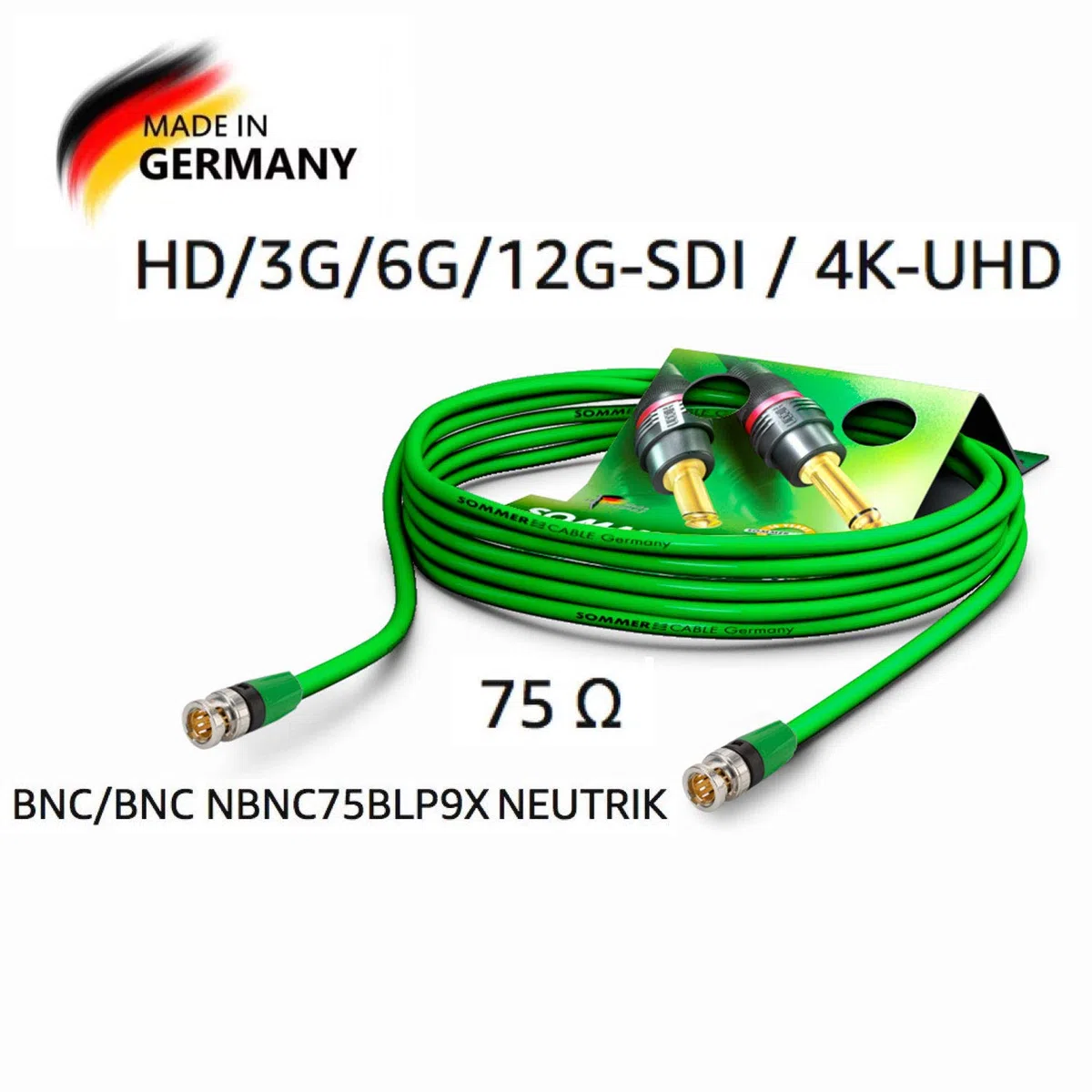 SOMMER CABLE Câble de raccordement vidéo 6G-SDI/4K SC-Vector 0.8/3.7, BNC/BNC NBNC75BLP9X Neutrik Green 30 m