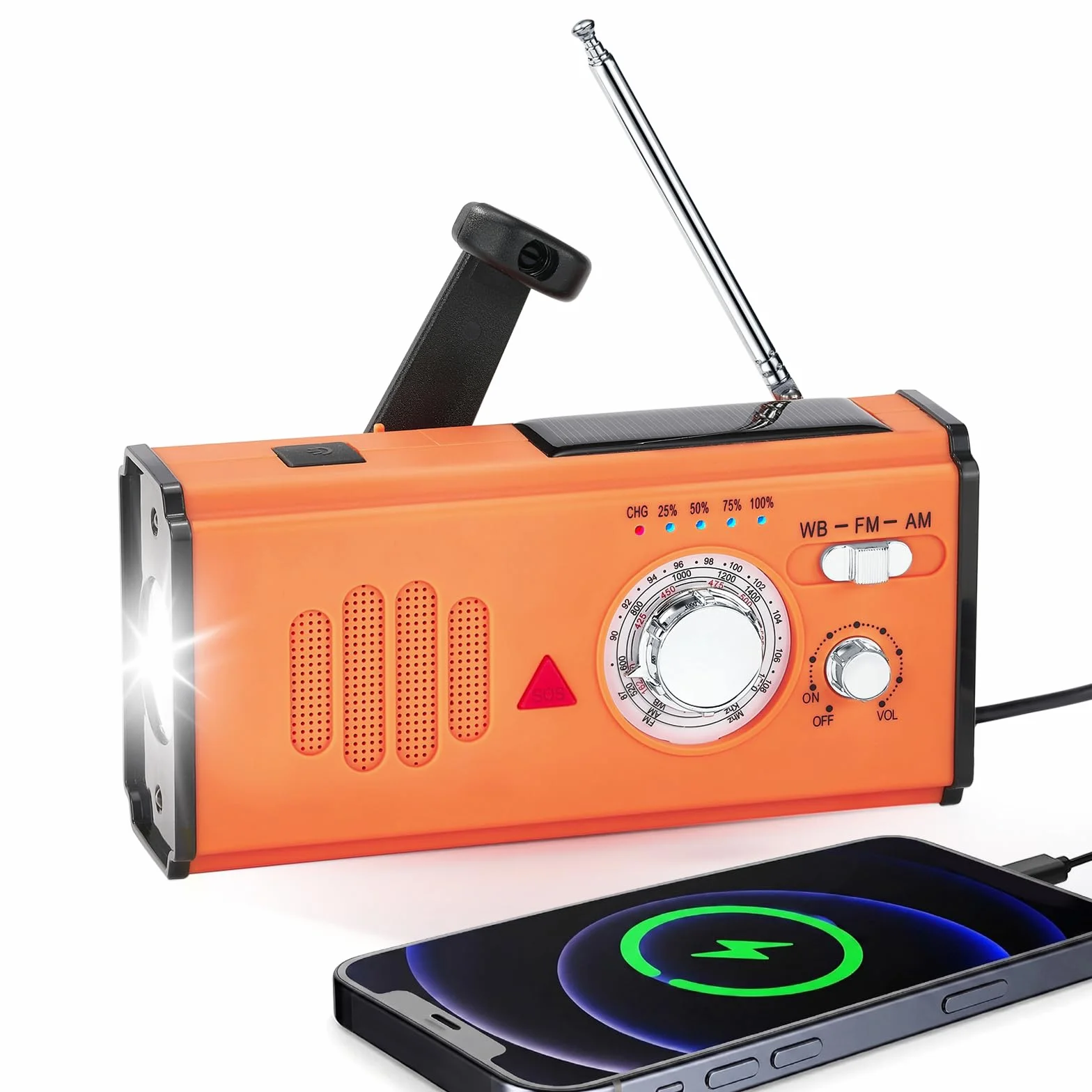 Radio Solaire d’Urgence,Radio à Manivelle avec 4000 mAh Power Bank,Charge d’Urgence USB‑C pour Smartphone，Radio Survie AM/FM/WB avec Lampe Torche LED et Alarme SOS – pour Camping Randonnée,Orange