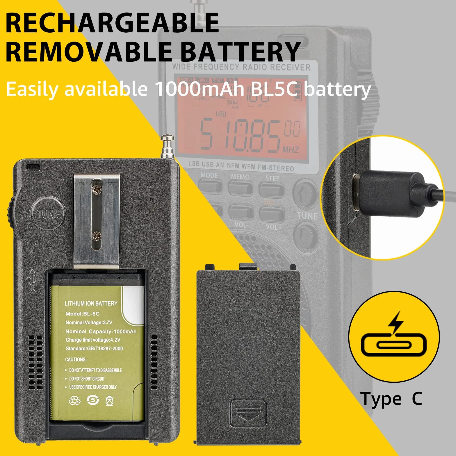 Retekess TR110 Mini Scanner Radio SSB, Radio Ondes Courtes, AIR FM MW SW, Batterie Rechargeable, Horloges, Minuterie de Veille, Type-C pour Extérieur