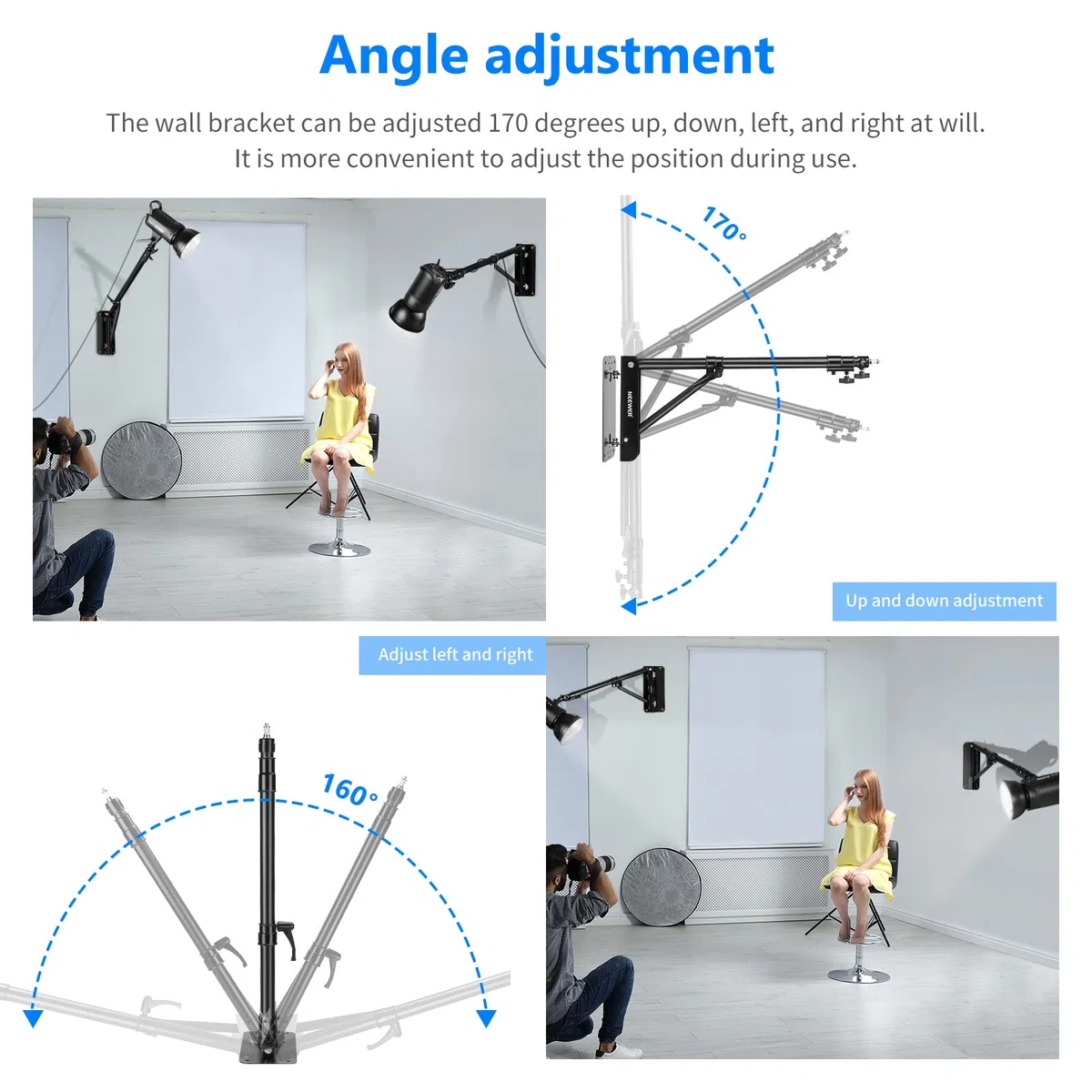 Neewer Support Mural Bras de Fixation Triangle pour Photographie en Studio Lampe Strobe Monolight Softboxes Parapluies Réflecteurs, Rotation Flexible 180 degrés, Longueur Maxi de 130 cm (Noir)