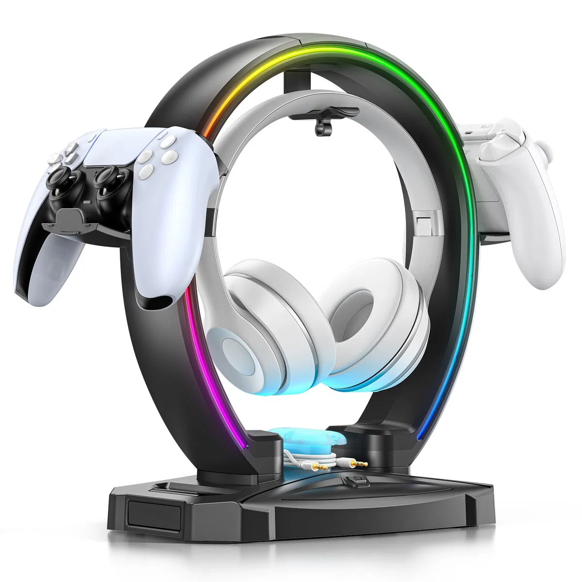 KDD Support Casque & Manette avec 9 Modes d'Eclairage - Support Manette Pliable pour Bureau - Porte Casque Universel avec Organiseur de Câbles - Accessoires Bureau pour Gamers