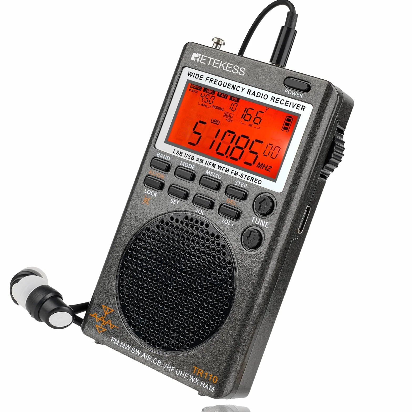 Retekess TR110 Mini Scanner Radio SSB, Radio Ondes Courtes, AIR FM MW SW, Batterie Rechargeable, Horloges, Minuterie de Veille, Type-C pour Extérieur