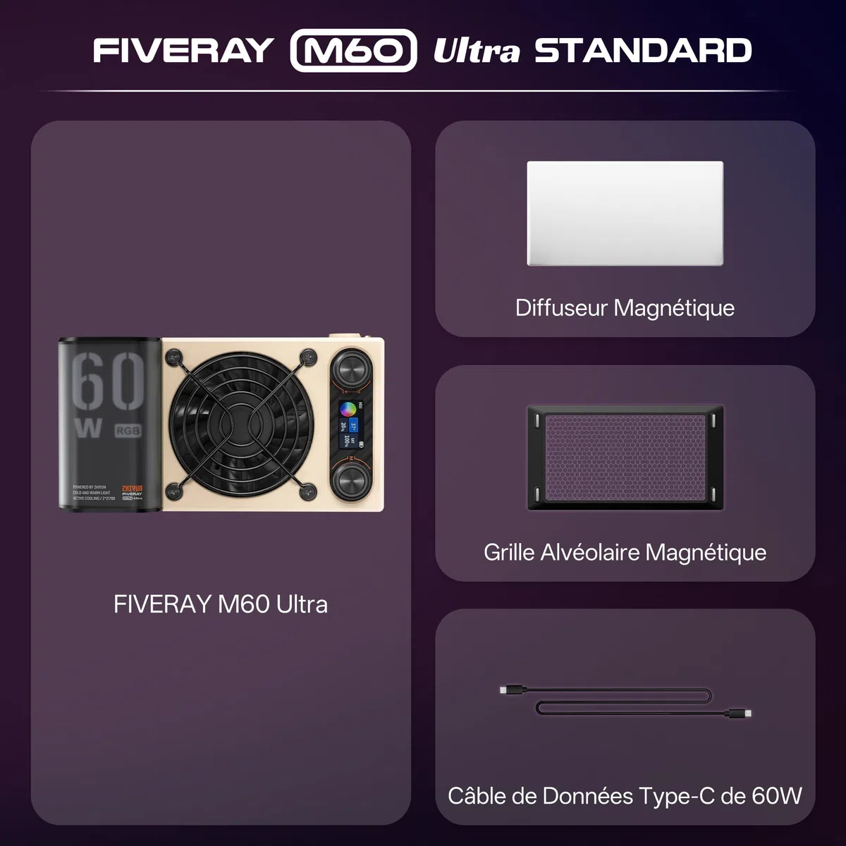 ZHIYUN FIVERAY M60 Ultra 60W RGB Lumiere Vidéo[Officiel] Lumiere LED pour Camera, Cold Shoe, Magnétique Mount, éclairage Vidéo Portable, Batterie 4500mAh, Contrôle APP&Maître-Esclave,2500K~10000K,430g