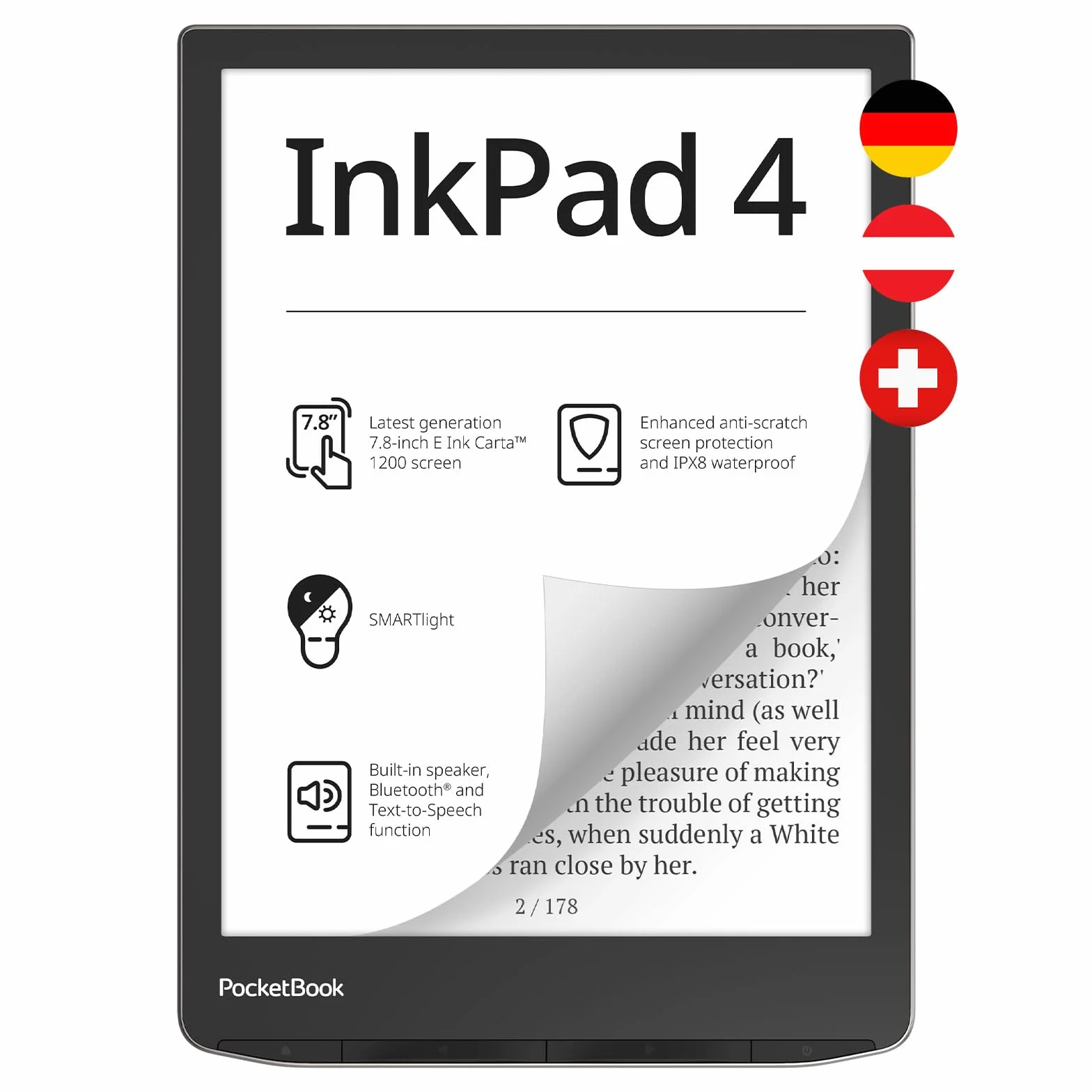 PocketBook Liseuse e-Book InkPad 4 (Version Allemande) 32 Go de mémoire, écran Tactile E-Ink Carta 1200 7,8" (19,8 cm), Argent