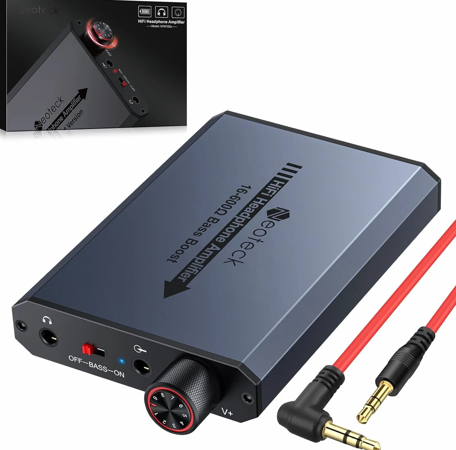Neoteck Amplificateur Casque Portable avec Bass Boost 3.5mm - 600Ω Haute Impédance, Mini Ampli Audio HiFi, Aluminium, Faible Distorsion, Batterie Rechargeable - Compatible iPad, PS5, Téléphone, PC
