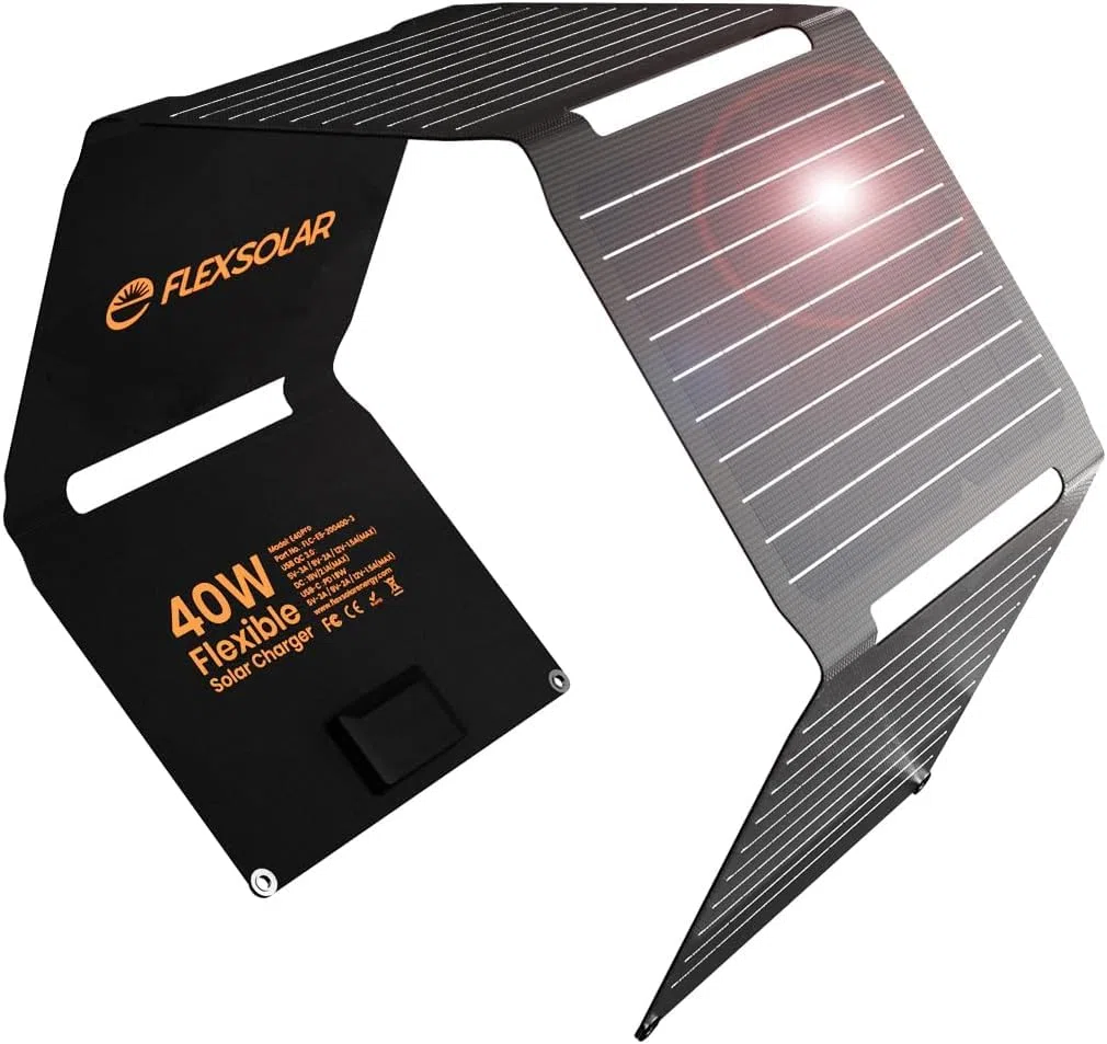 FlexSolar Panneau solaire 40 W, chargeur solaire amélioré PD2.0 USB-C, QC3.0 USB-A et panneau solaire DC IP67 étanche pour petites centrales électriques, téléphones, batteries externes