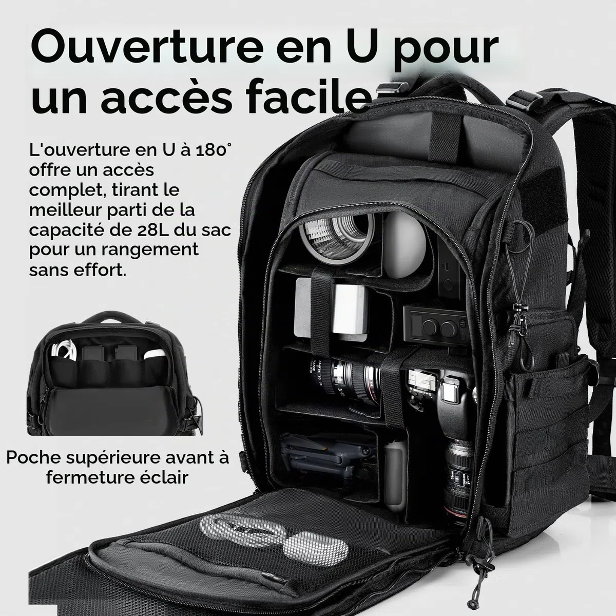 ULANZI 28L Sac à Dos pour Appareil Photo, Sac Appareil Photo avec Multiples Points d'ancrage, 7 DIY Compartiments de Rangement, Ordinateur Portable 15,7'' pour Appareils Photo Reflex, Drones, Trépieds