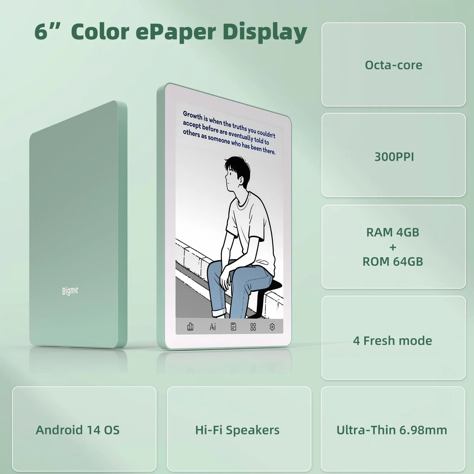 Bigme B6 - Tablette en papier électronique 6" avec écran couleur et liseuse électronique Android 14, 4 Go de RAM et 64 Go de mémoire, double fonction comme liseuse électronique et tablette (verte)
