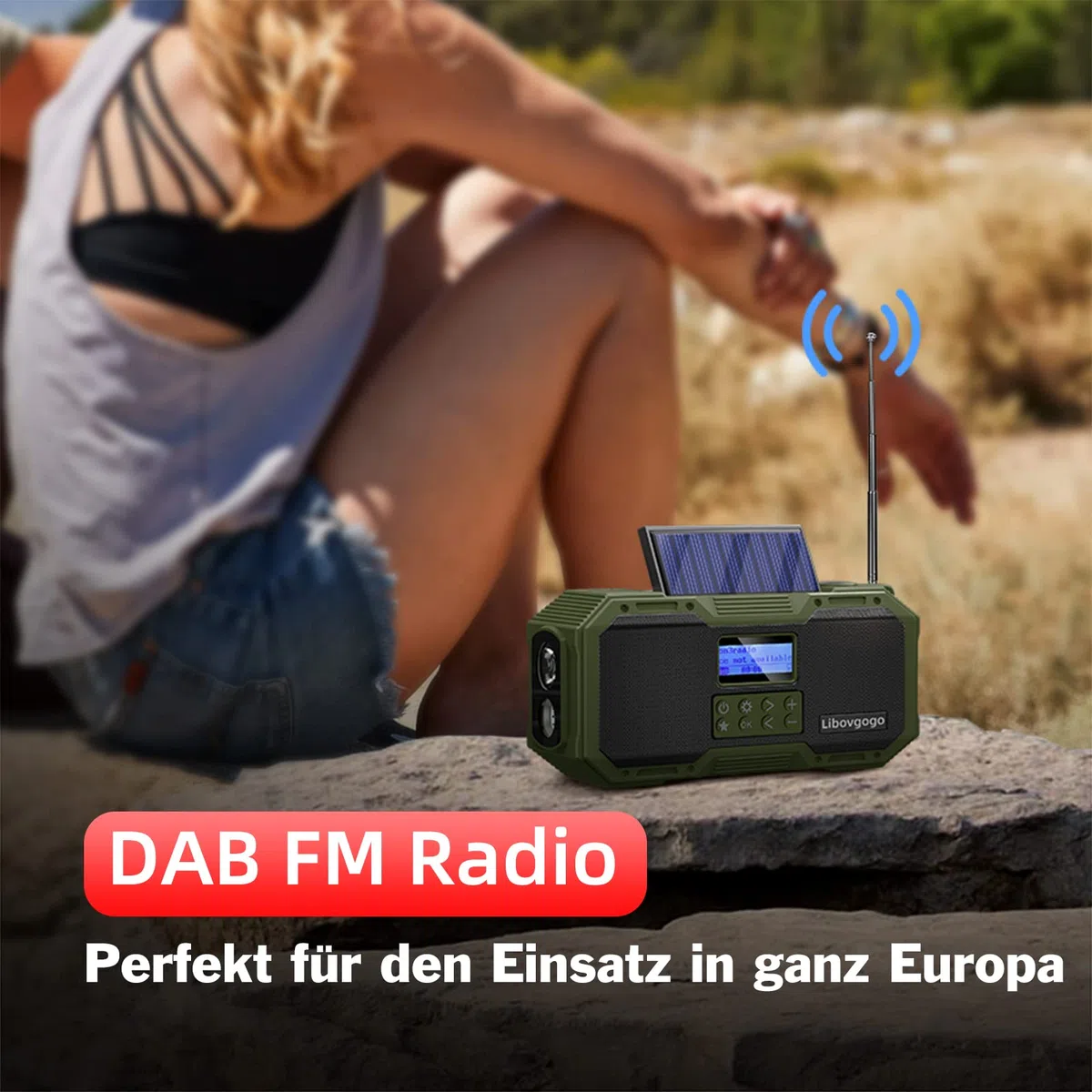 Radio FM portable DAB avec haut-parleur Bluetooth étanche, radio à manivelle avec fonction de charge de téléphone portable, 4000 mAh, batterie externe, lampe de poche, stroboscopique, thermomètre,SOS