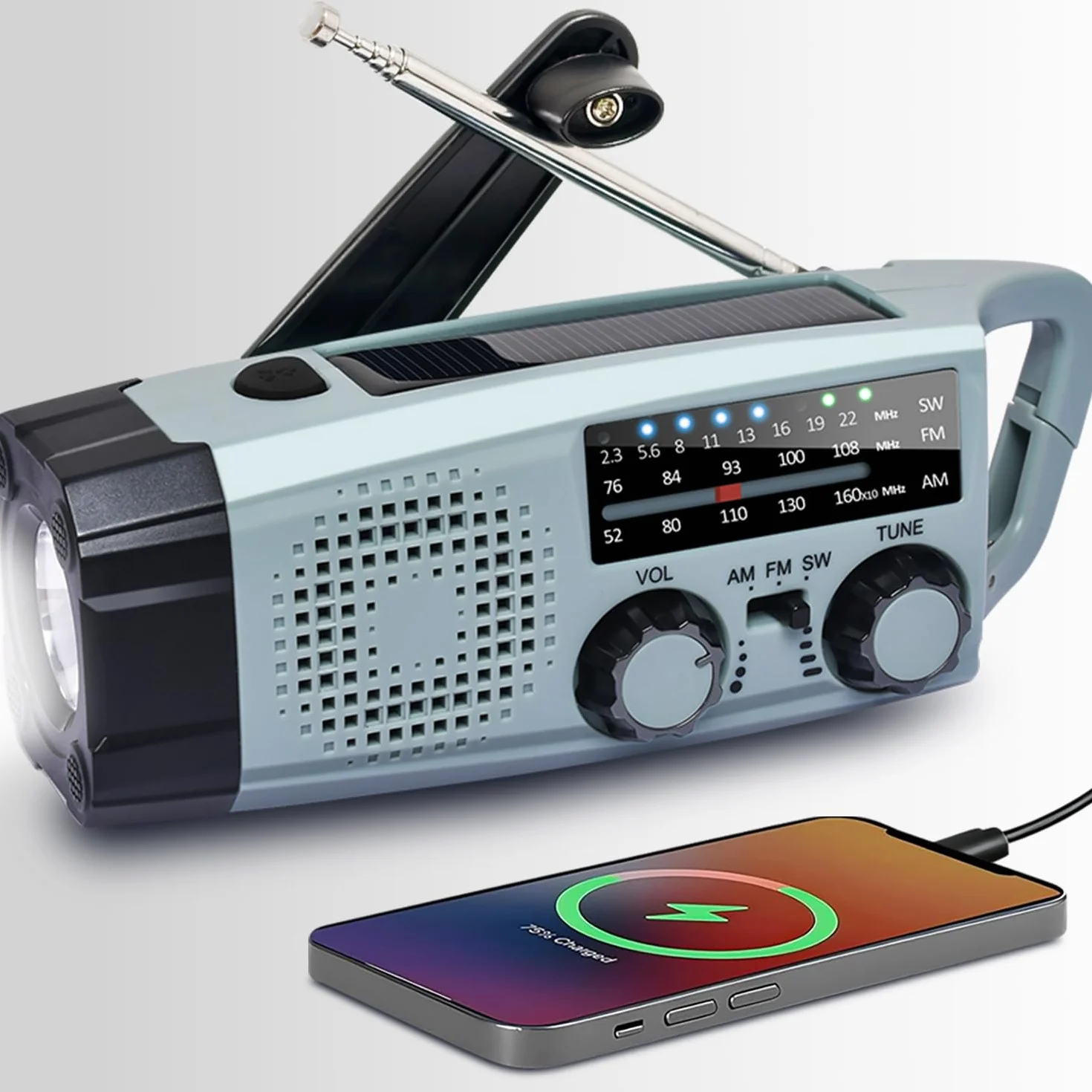 Radio Portable Urgence, Radio a Pile Rechargeable et Lampe Torche LED, Alarme SOS, Power Bank 2000mAh, Recharge par USB/Solaire/Dynamo, Radio AM/FM/SW pour Randonnée, Camping et Kit de Survie (IPX5)