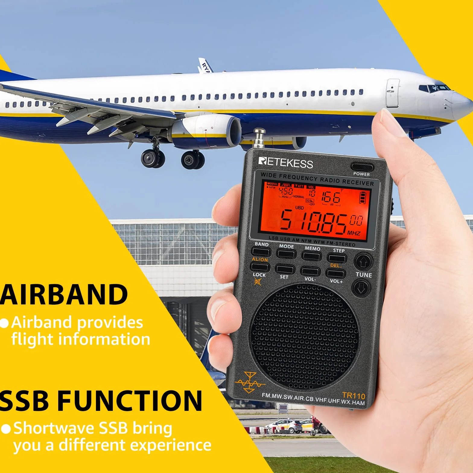 Retekess TR110 Mini Scanner Radio SSB, Radio Ondes Courtes, AIR FM MW SW, Batterie Rechargeable, Horloges, Minuterie de Veille, Type-C pour Extérieur