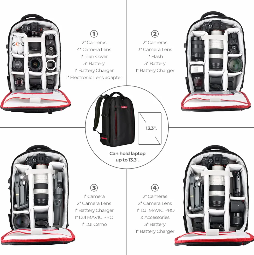 Beschoi Sac à dos étanche pour appareil photo reflex numérique Sony Canon Nikon Olympus SLR/DSLR Appareil photo et objectifs et accessoires Noir (grand format)