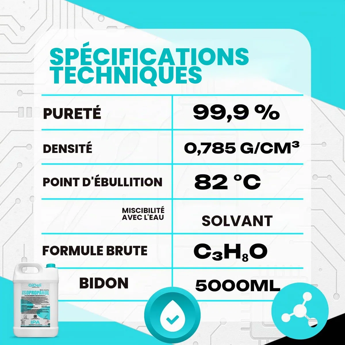 GiDeli Isopropanol 99,9% 15 litres d'alcool isopropylique à haute teneur en alcool pour le nettoyage des composants électroniques, lentilles et écrans, nettoyage des résines avec impression 3D