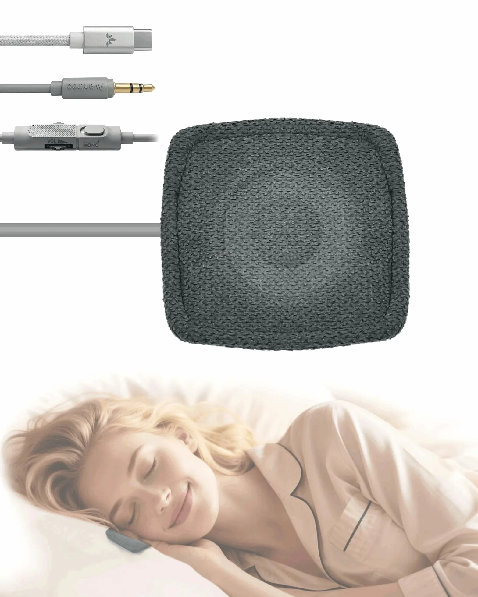 Avantree Slumber Mini – Haut-Parleur Oreiller Filaire pour Dormir, Son Doux pour Le Coucher, sans Recharge, Contrôle du Volume en Ligne, USB-C Et AUX, Casque pour Podcasts Et Livres Audio
