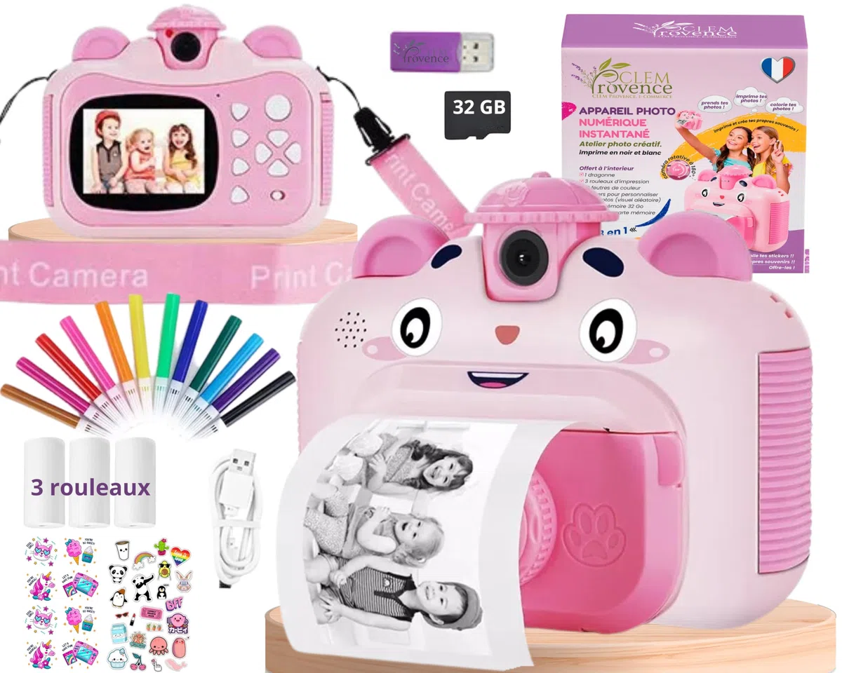 Appareil Photo Enfant Instantané Kawaii Ecran Couleur 12MP Photos Selfies Vidéos HD Carte 32 GB+Lecteur Carte+Rouleaux+Pack Art Créatif - Cadeau Fille
