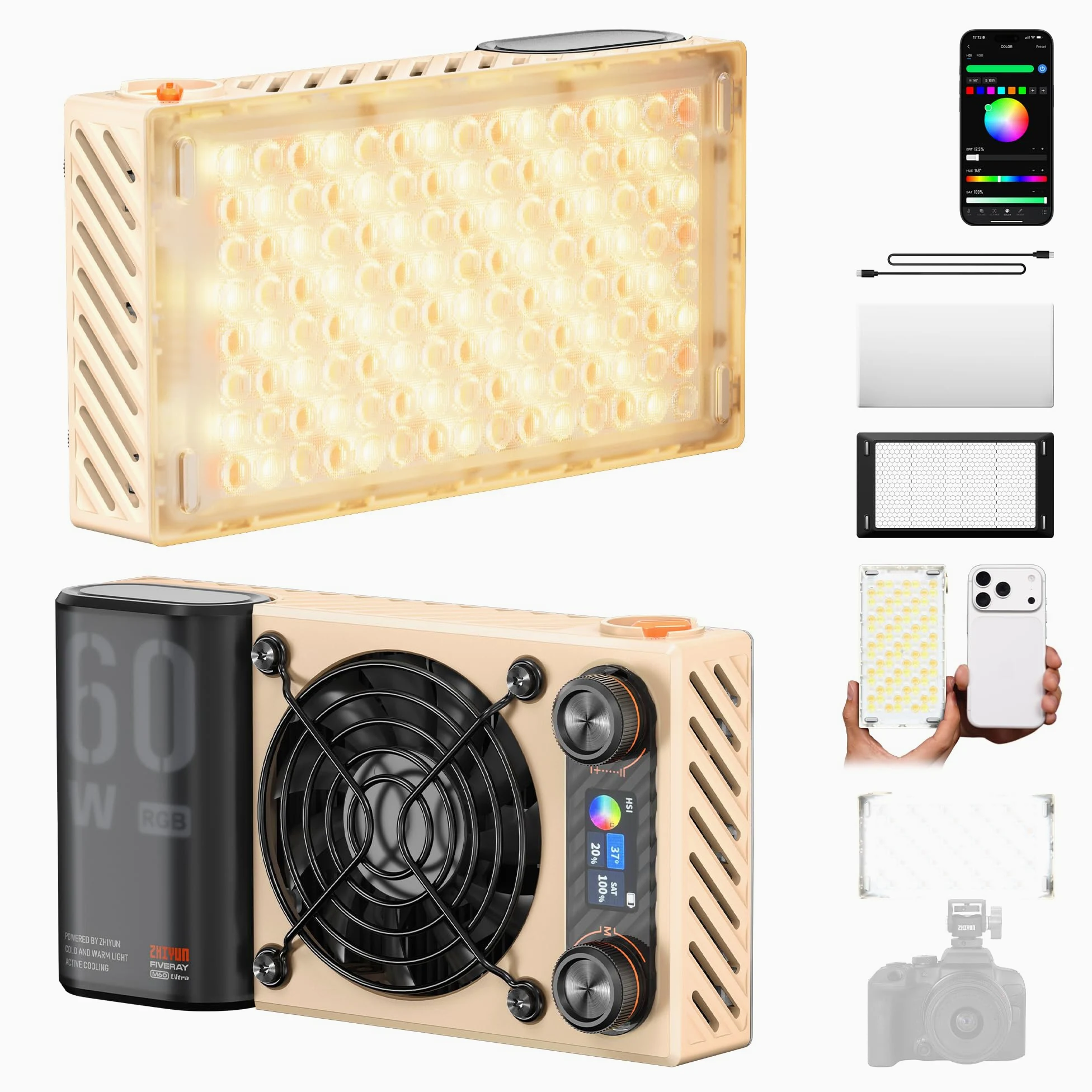 ZHIYUN FIVERAY M60 Ultra 60W RGB Lumiere Vidéo[Officiel] Lumiere LED pour Camera, Cold Shoe, Magnétique Mount, éclairage Vidéo Portable, Batterie 4500mAh, Contrôle APP&Maître-Esclave,2500K~10000K,430g