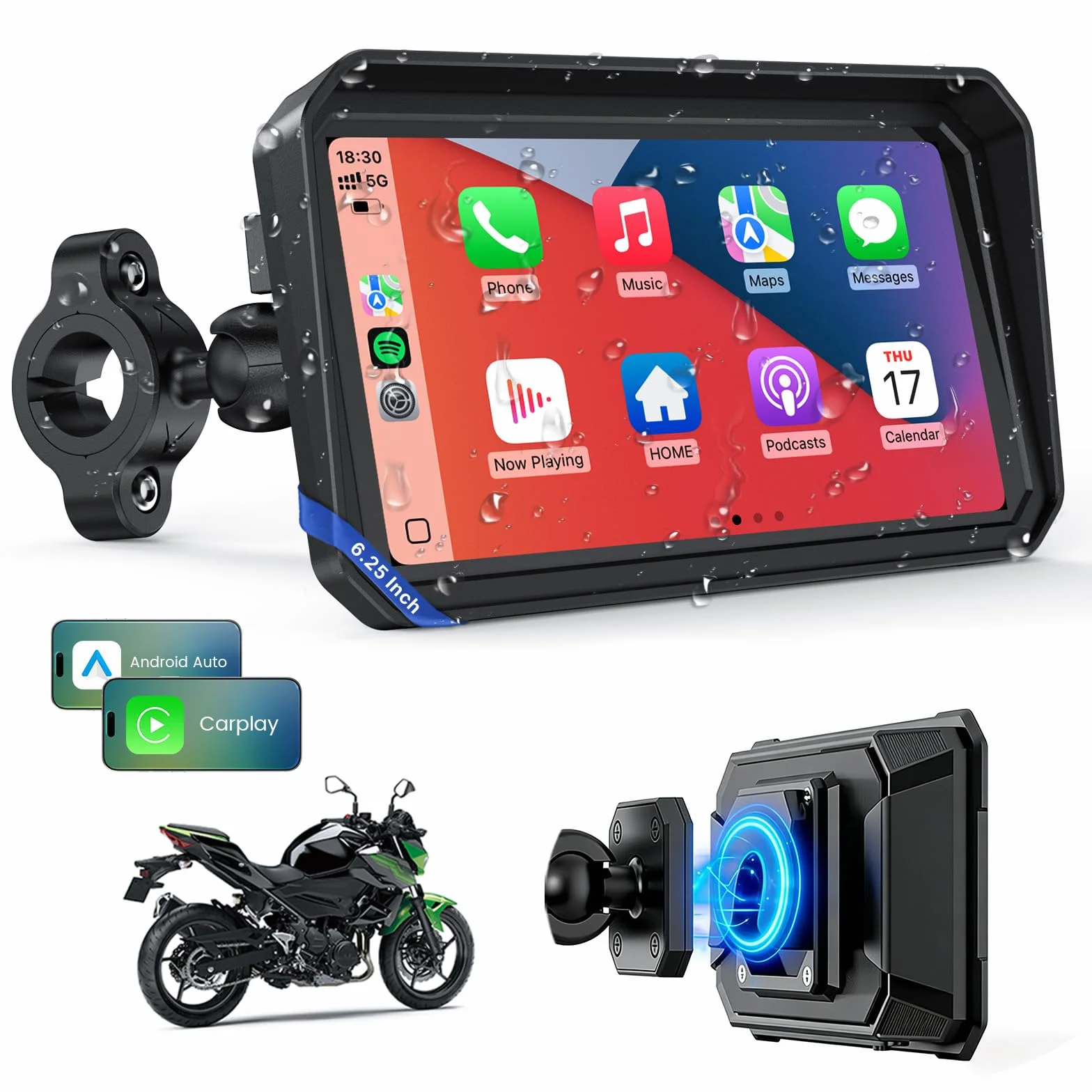 WonVon CarPlay 6.25 Pouces Système de Navigation GPS pour Moto avec Apple CarPlay et Android Auto écran Portable avec Double Bluetooth, Navigation, Siri, Google Assistant Support magnétique