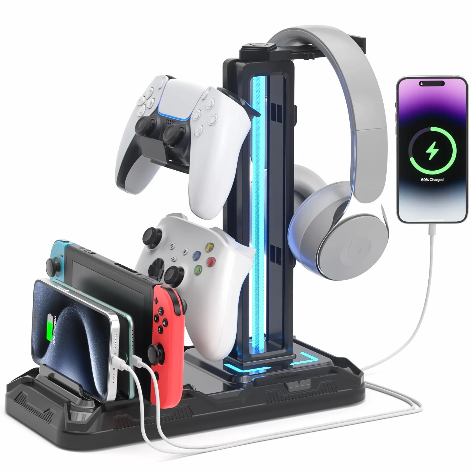 KDD Support Casque Bureau avec Support Téléphone - Support Manette Détachable avec 9 Modes d'éclairage, Repose Casque Gaming avec Ports de Charge USB, Porte Casque Rotatif pour PC Gaming Accessoire