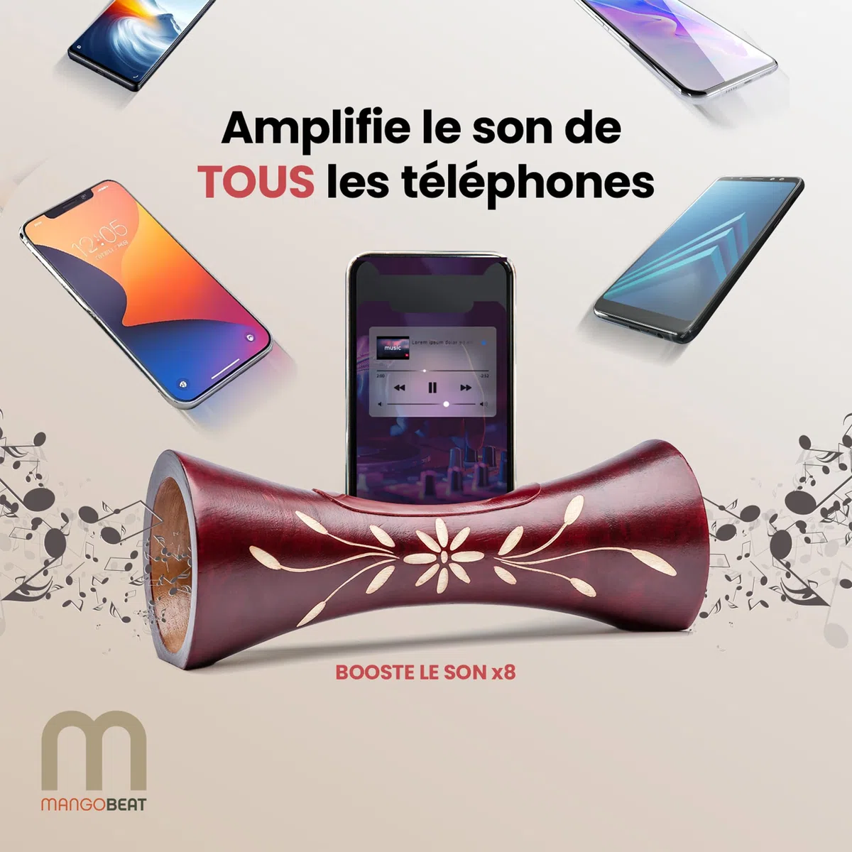 mangobeat® - Enceinte écologique et Universelle en Bois - Amplification de Tous Les Smartphones sans électricité - « Loupe » 35cm