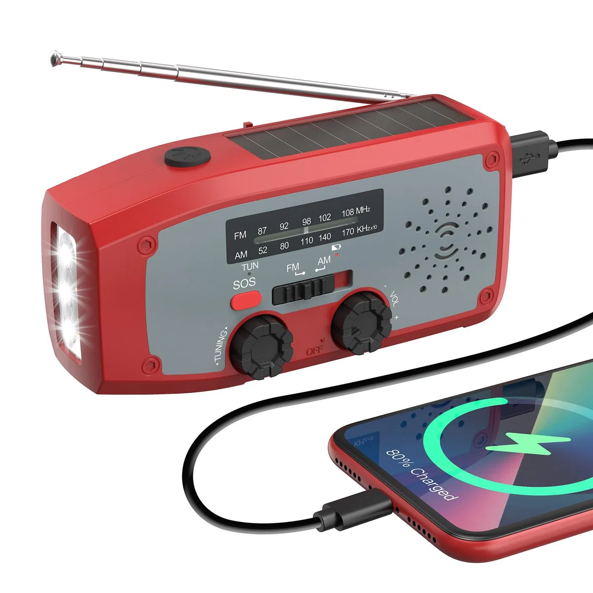 Radio Solaire d’Urgence, Radio à Manivelle Auto-alimentée avec Batterie Rechargeable 2000mAh, AM/FM Radio Solaire avec Lampe de Poche LED, Alarme SOS pour Camping Randonnée Survie, Rouge
