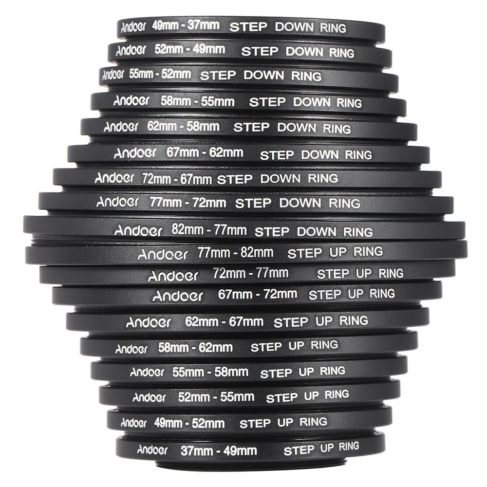 Andoer® Lot de 18 bagues d'adaptation en métal pour filtres d'objectif 37 49 52 55 58 62 67 72 77 82 mm