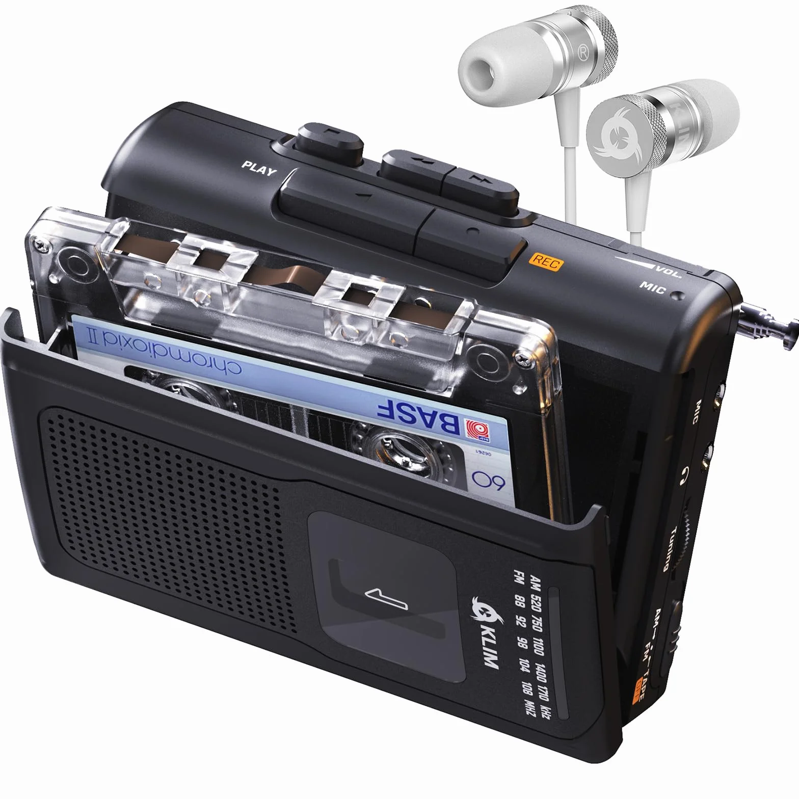 KLIM K8 Lecteur Cassette Audio avec Un Casque Fusion - Enregistreur Cassette - Nouveau Player - Radio AM/FM - Microphone et Haut-Parleur Intégrés - Prise Casque et Écouteurs - Noir