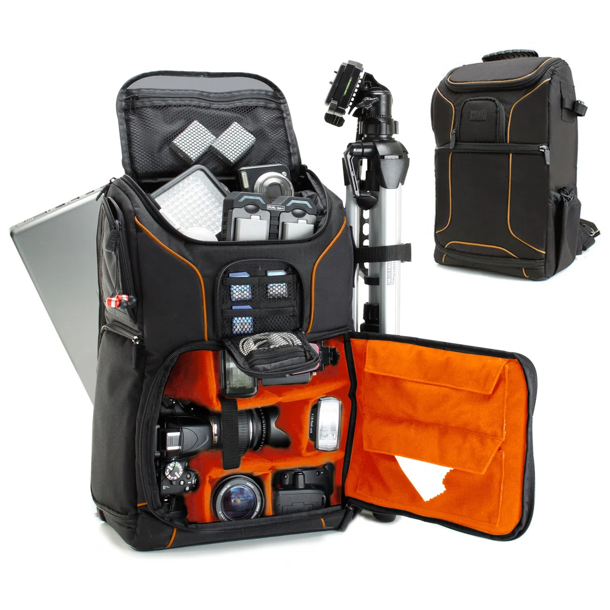 USA Gear Sac à Dos Appareil Photo Réflex Numérique avec Support Trépied, Compartiment Ordinateur Portable et Rangements Accessoires - Sac Photo Compatible avec Canon, Nikon, Pentax et Plus - Orange