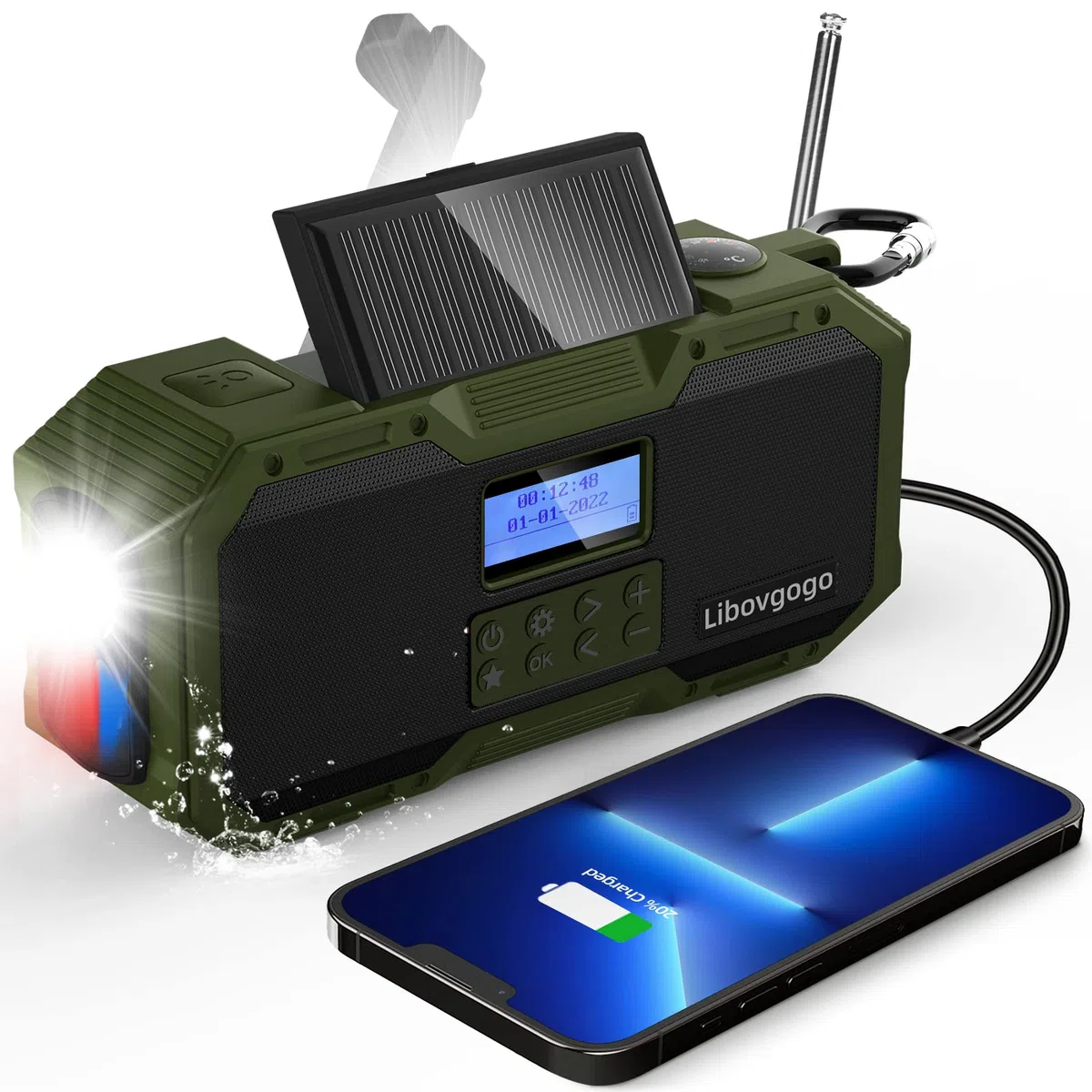 Radio FM portable DAB avec haut-parleur Bluetooth étanche, radio à manivelle avec fonction de charge de téléphone portable, 4000 mAh, batterie externe, lampe de poche, stroboscopique, thermomètre,SOS