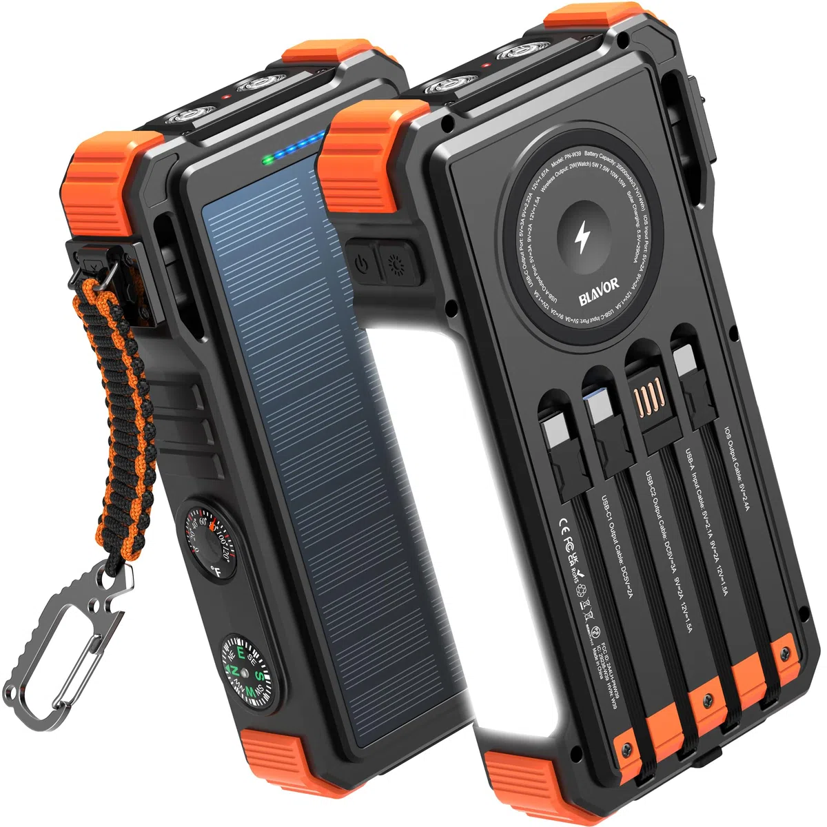 BLAVOR Chargeur Solaire avec Câbles Intégrés 20000mAh Batterie Externe Solaire 20W USB C Battery Pack avec Lampe Camping, Lampe Poche pour Téléphones Portables, Charge sans Fil pour Apple Watch